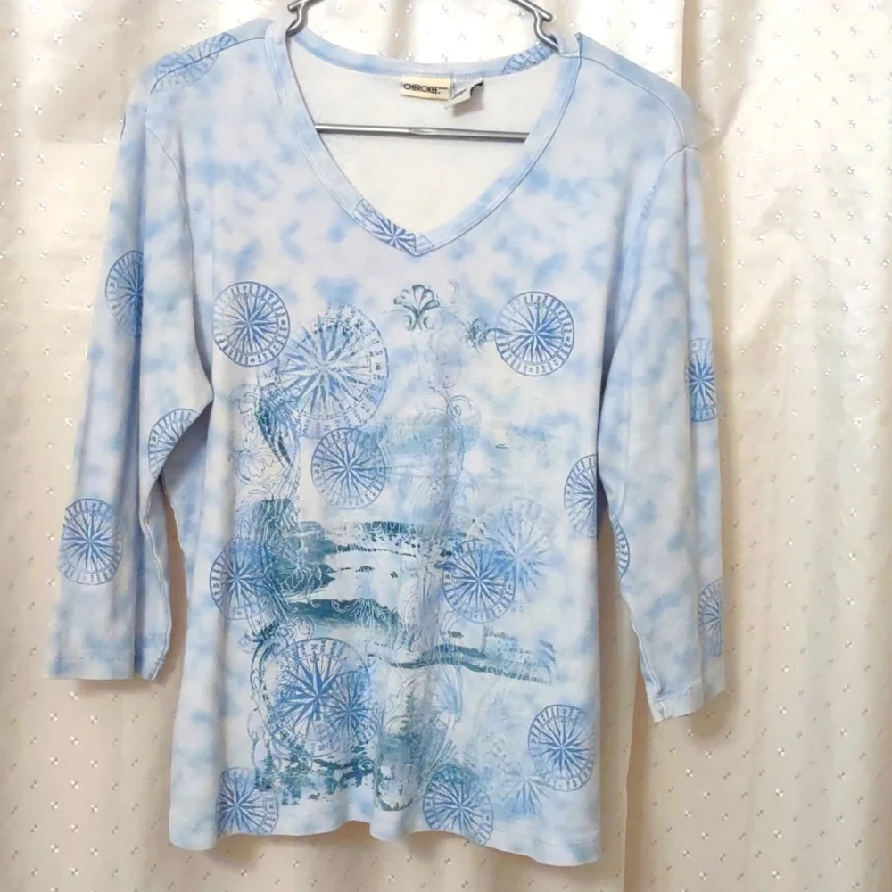 Women's Cherokee V-neck, 3/4 sleeve tee, size XL, blue.